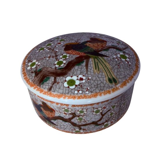 Vtg Japanese Porcelain Trinket Box with Birds & Blossoms Hand Painted Round Dish - Picture 2 of 8